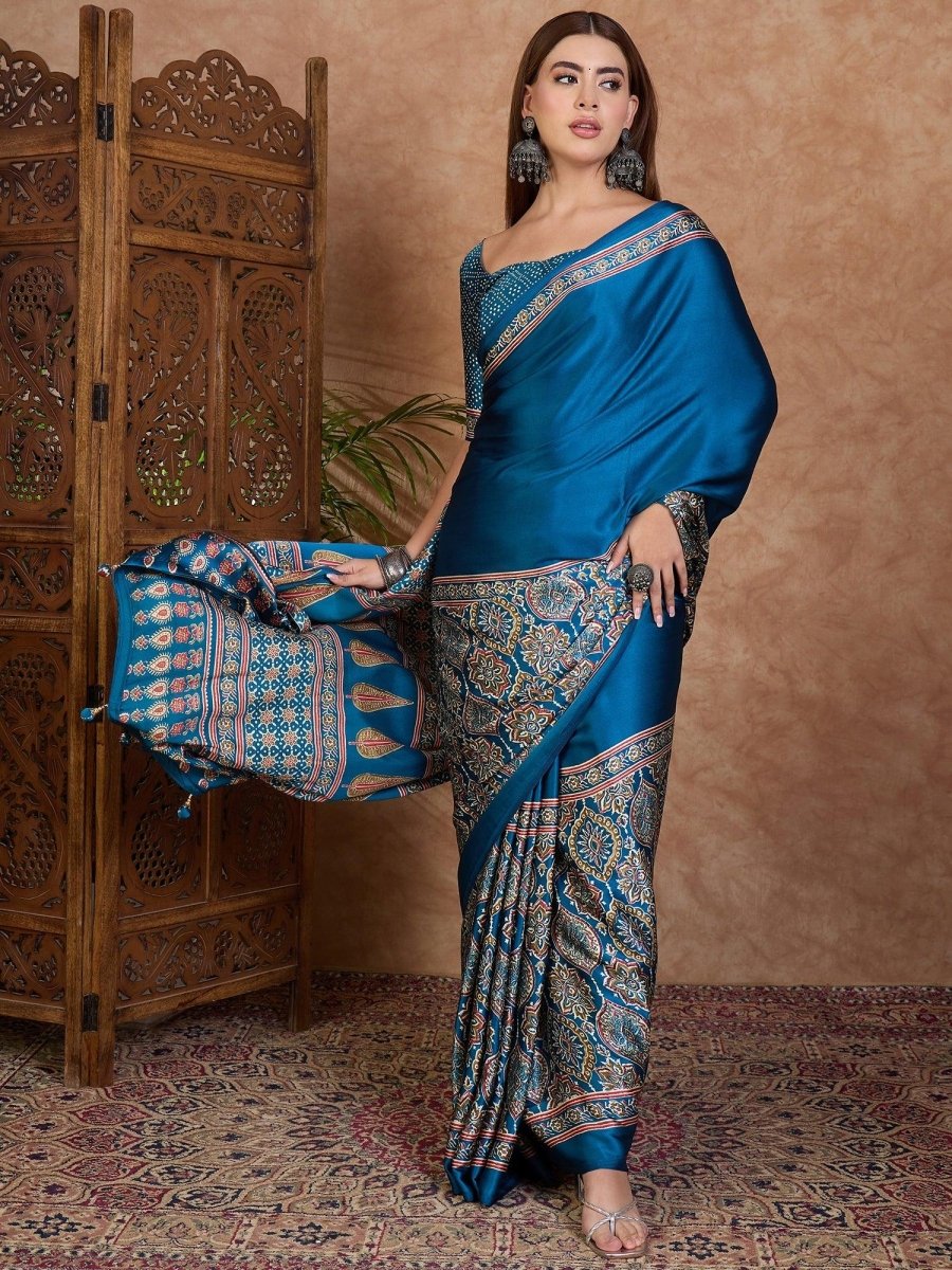 Semi Modal Blue Printed Saree | EZB GF02 LUX 3001 - EZBER