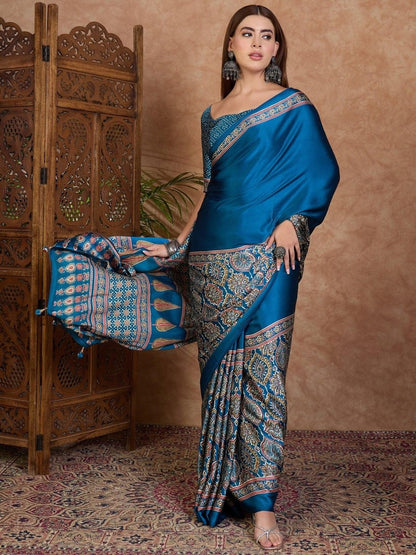 Semi Modal Blue Printed Saree | EZB GF02 LUX 3001 - EZBER