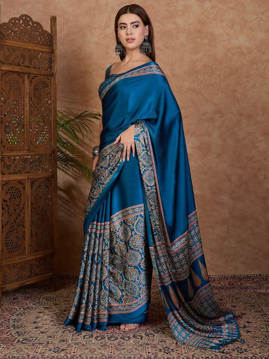 Semi Modal Blue Printed Saree | EZB GF02 LUX 3001 - EZBER