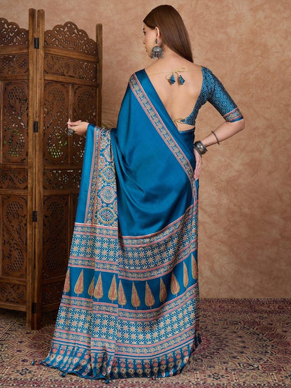 Semi Modal Blue Printed Saree | EZB GF02 LUX 3001 - EZBER