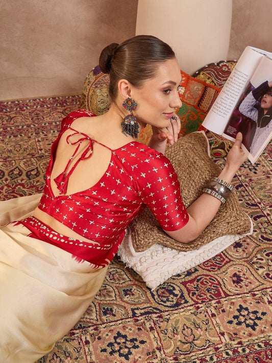 Semi Modal Cream Printed Saree | EZB GF02 LUX 28003 - EZBER