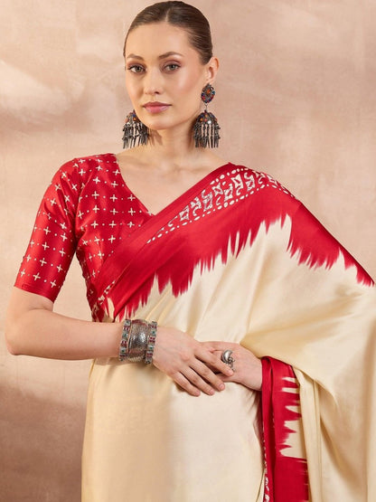 Semi Modal Cream Printed Saree | EZB GF02 LUX 28003 - EZBER