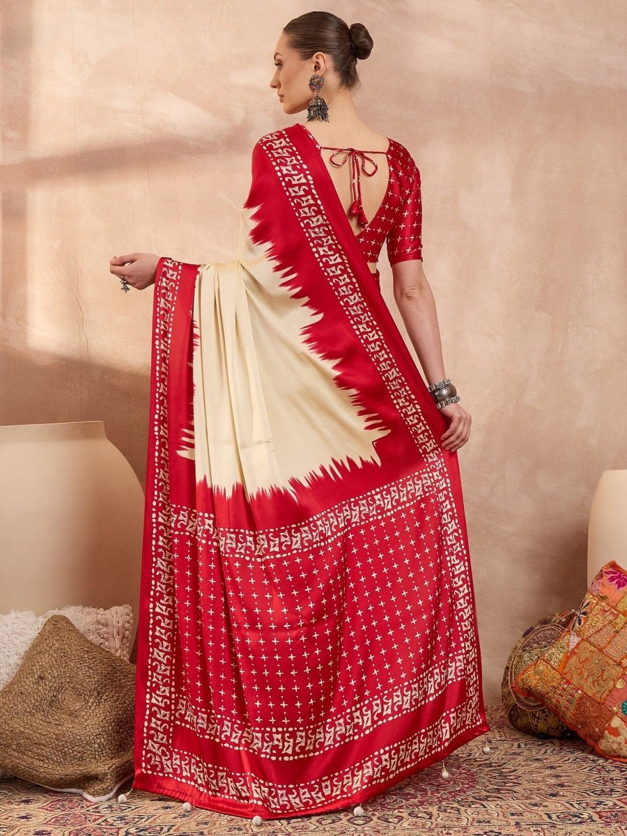 Semi Modal Cream Printed Saree | EZB GF02 LUX 28003 - EZBER