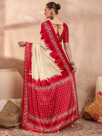 Semi Modal Cream Printed Saree | EZB GF02 LUX 28003 - EZBER