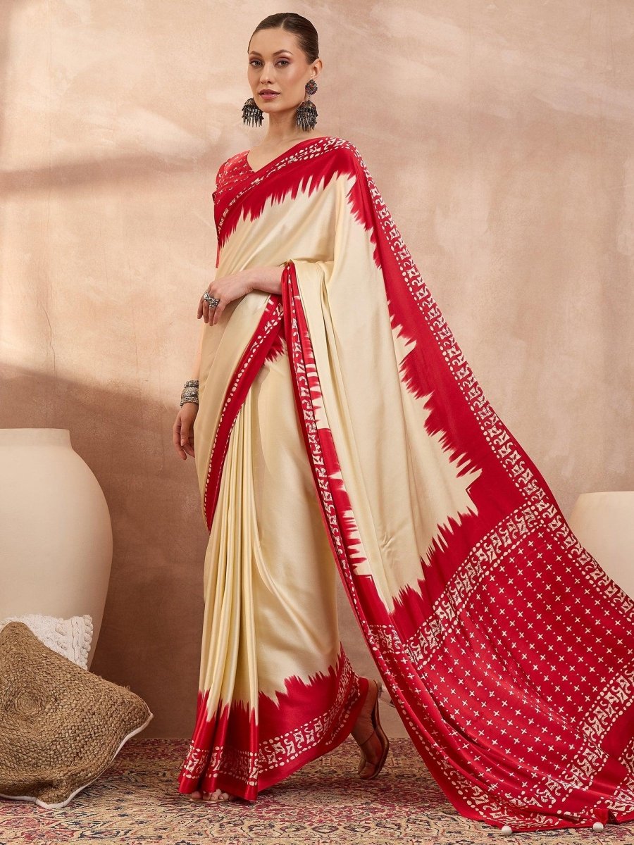 Semi Modal Cream Printed Saree | EZB GF02 LUX 28003 - EZBER