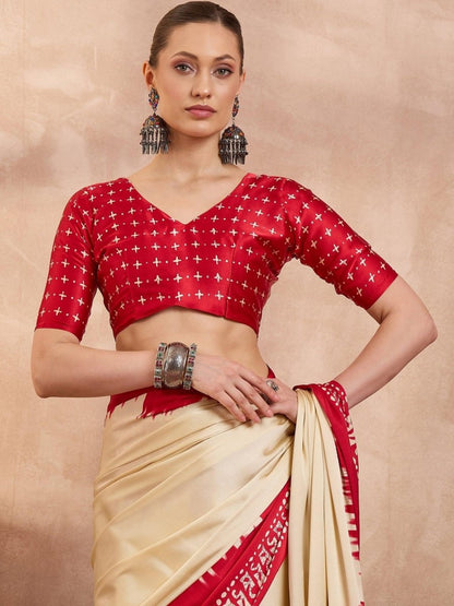 Semi Modal Cream Printed Saree | EZB GF02 LUX 28003 - EZBER