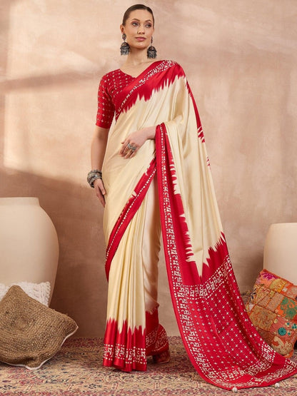 Semi Modal Cream Printed Saree | EZB GF02 LUX 28003 - EZBER
