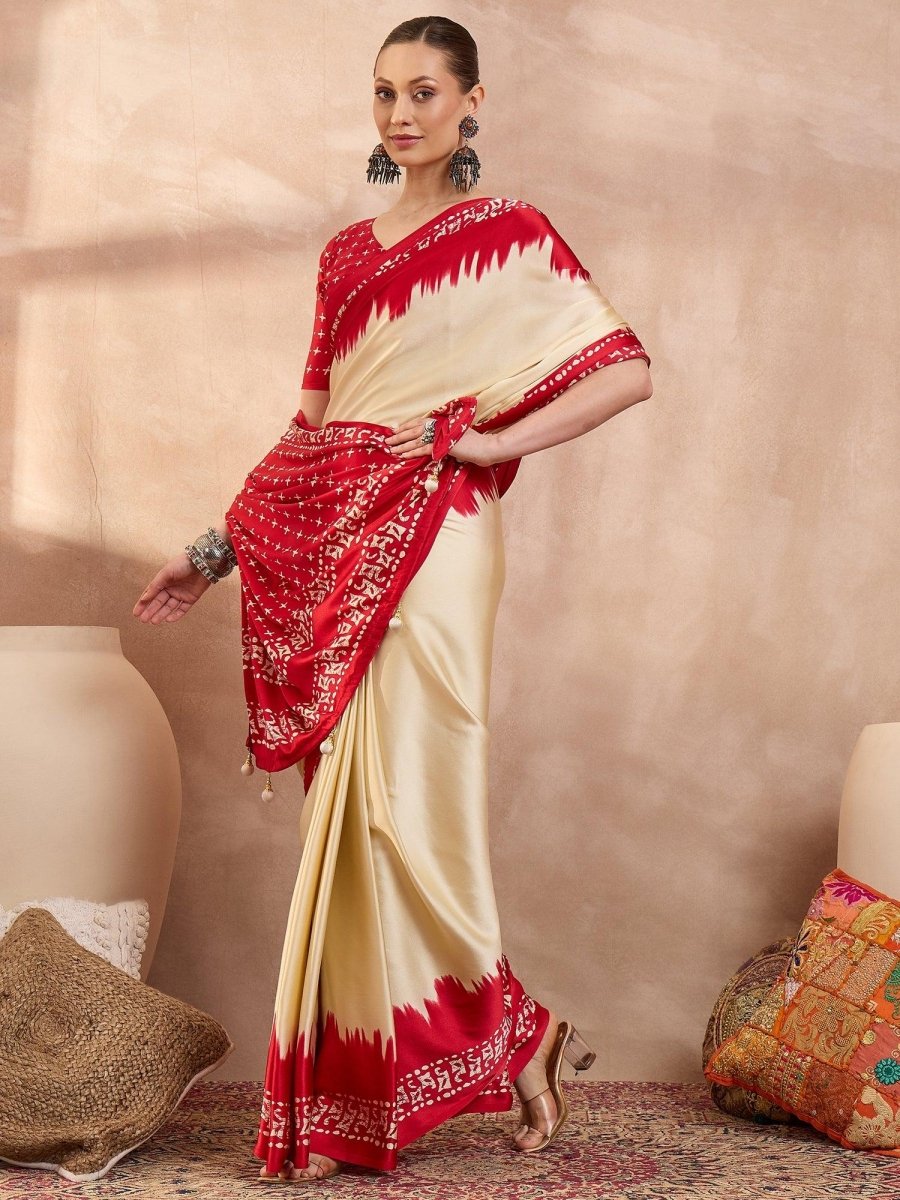 Semi Modal Cream Printed Saree | EZB GF02 LUX 28003 - EZBER