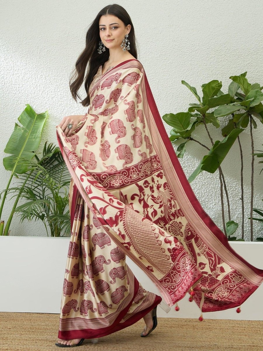 Semi Modal Cream Printed Saree | EZB GF02 RAGA V3 53001 - EZBER