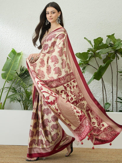 Semi Modal Cream Printed Saree | EZB GF02 RAGA V3 53001 - EZBER