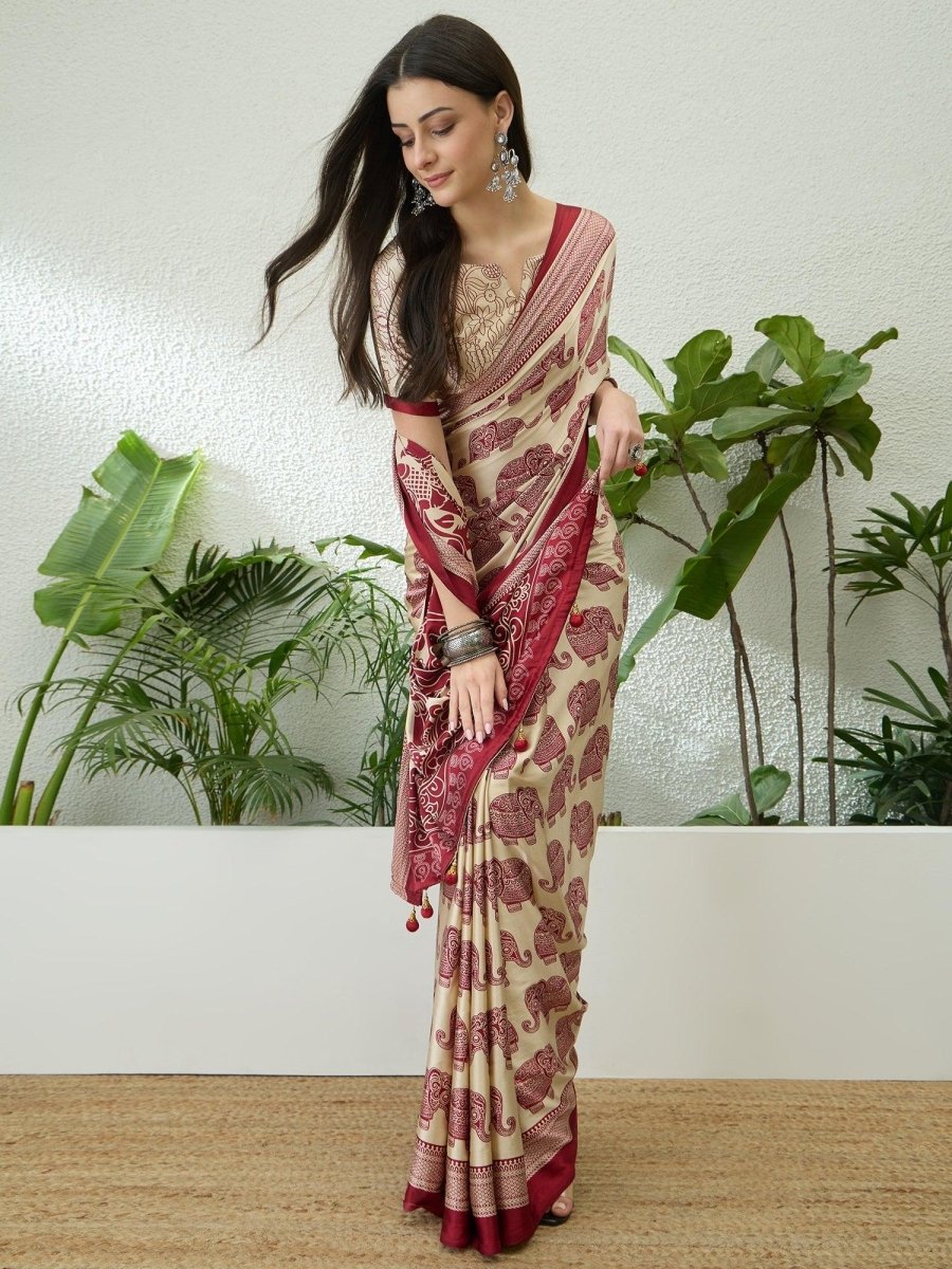 Semi Modal Cream Printed Saree | EZB GF02 RAGA V3 53001 - EZBER