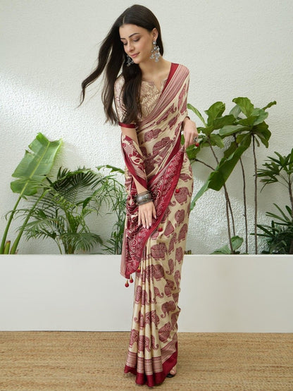 Semi Modal Cream Printed Saree | EZB GF02 RAGA V3 53001 - EZBER
