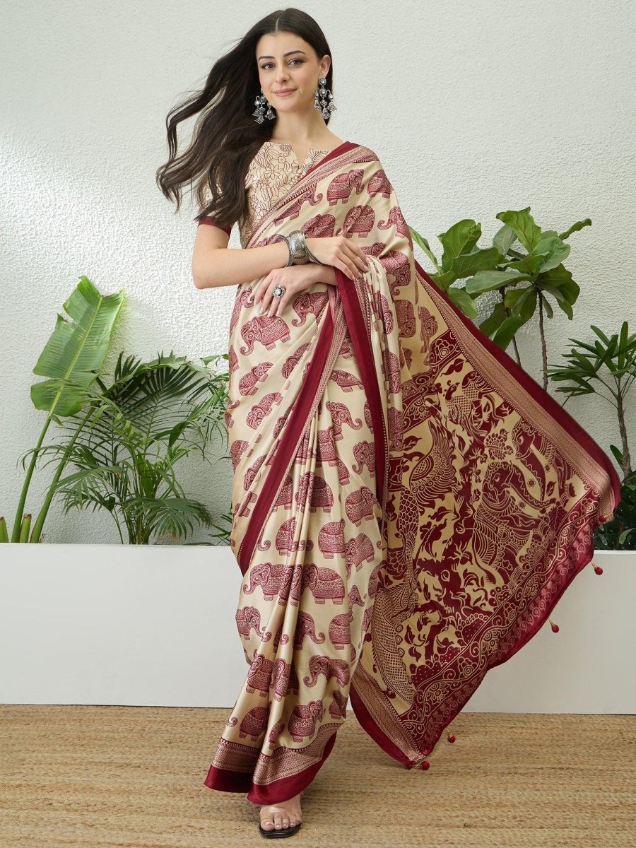 Semi Modal Cream Printed Saree | EZB GF02 RAGA V3 53001 - EZBER