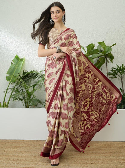 Semi Modal Cream Printed Saree | EZB GF02 RAGA V3 53001 - EZBER