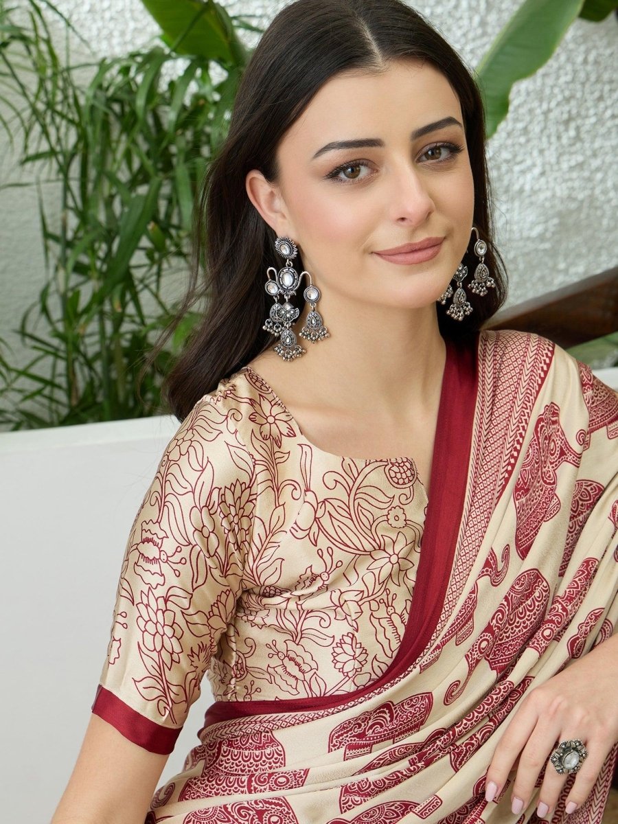 Semi Modal Cream Printed Saree | EZB GF02 RAGA V3 53001 - EZBER