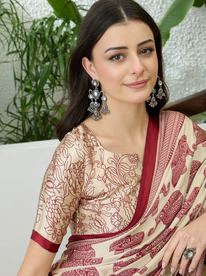 Semi Modal Cream Printed Saree | EZB GF02 RAGA V3 53001 - EZBER