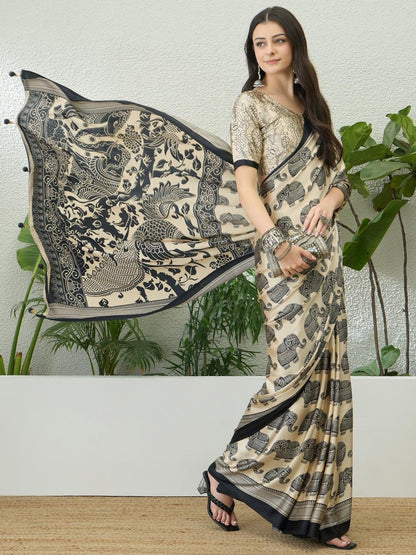 Semi Modal Cream Printed Saree | EZB GF02 RAGA V3 53003 - EZBER