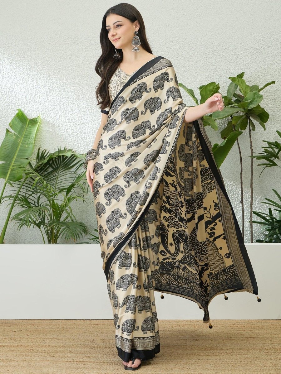 Semi Modal Cream Printed Saree | EZB GF02 RAGA V3 53003 - EZBER