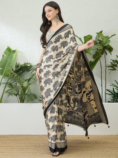 Semi Modal Cream Printed Saree | EZB GF02 RAGA V3 53003 - EZBER