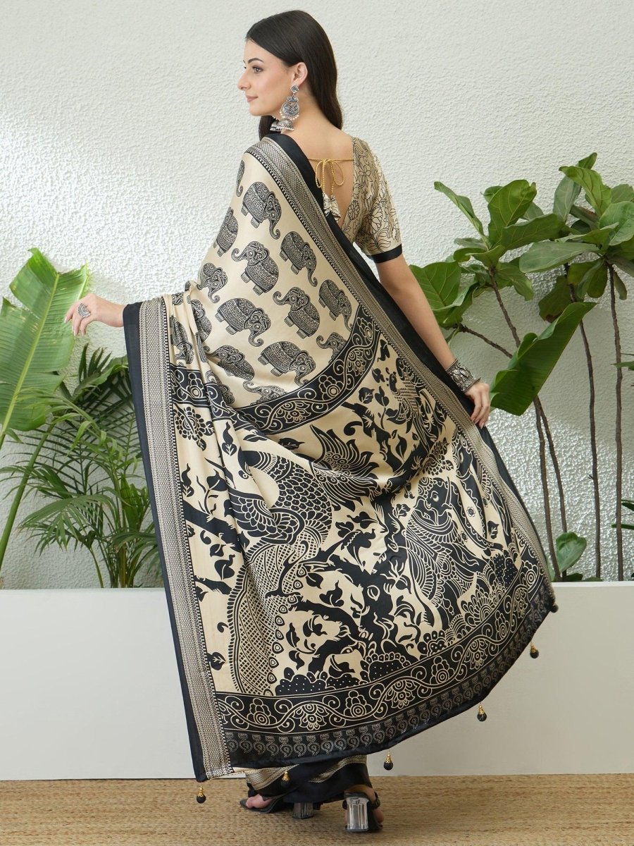 Semi Modal Cream Printed Saree | EZB GF02 RAGA V3 53003 - EZBER