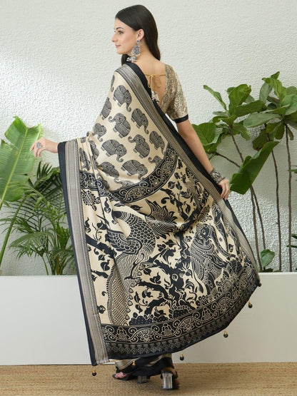 Semi Modal Cream Printed Saree | EZB GF02 RAGA V3 53003 - EZBER