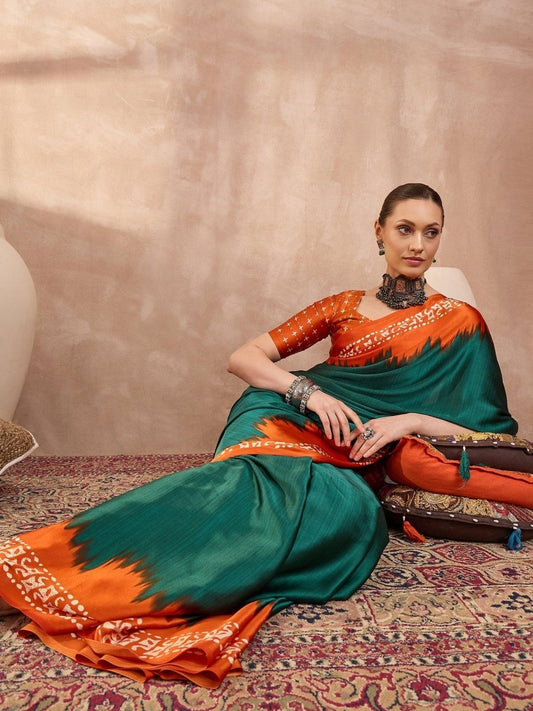 Semi Modal Green Printed Saree | EZB GF02 LUX 28001 - EZBER