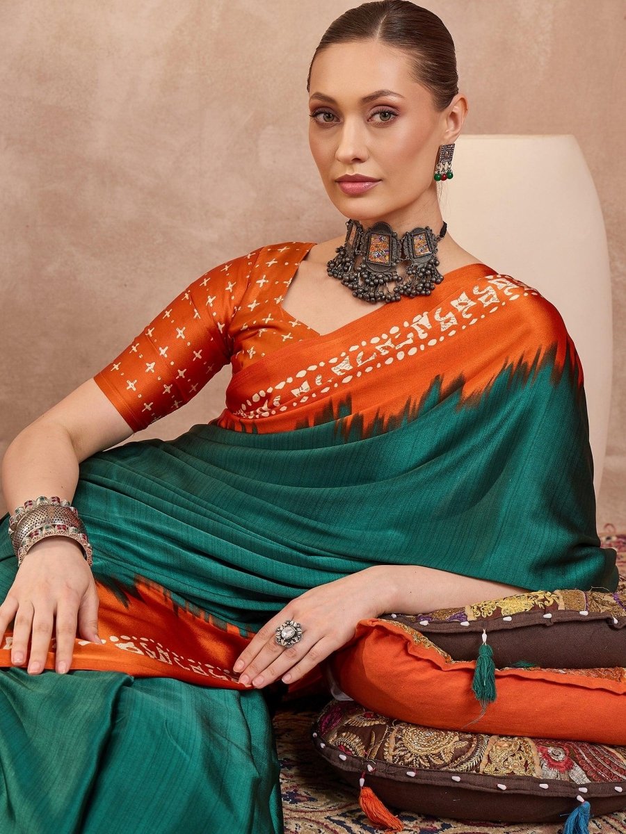 Semi Modal Green Printed Saree | EZB GF02 LUX 28001 - EZBER