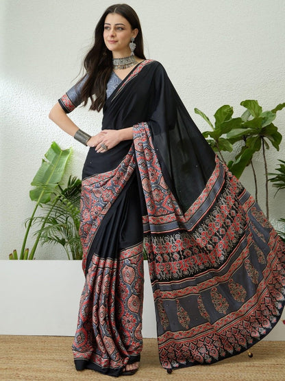 Semi Modal Grey Printed Saree | EZB GF02 LUX 10003 - EZBER