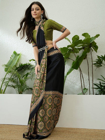 Semi Modal Mehndi Printed Saree | EZB GF02 LUX 10002 - EZBER