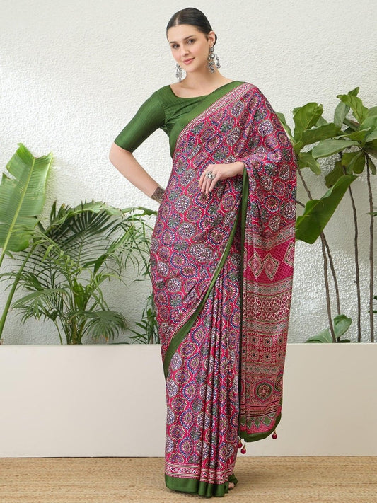 Semi Modal Pink Printed Saree | EZB GF02 LUX 13003 - EZBER