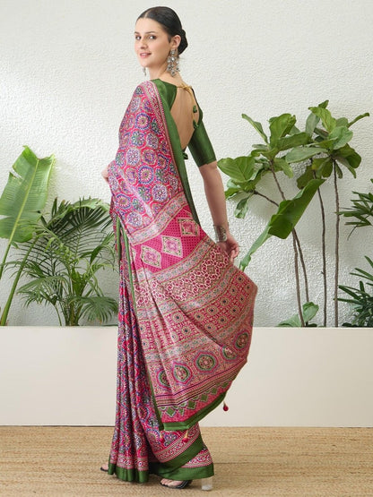 Semi Modal Pink Printed Saree | EZB GF02 LUX 13003 - EZBER