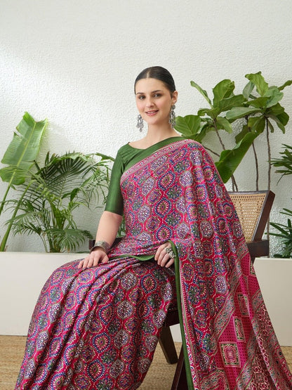 Semi Modal Pink Printed Saree | EZB GF02 LUX 13003 - EZBER