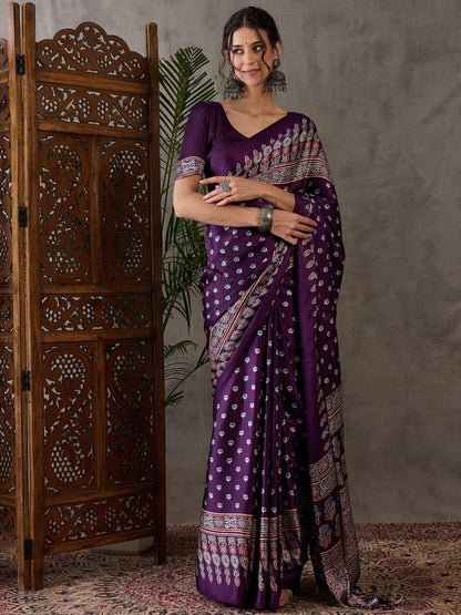 Semi Modal Purple Printed Saree | EZB GF02 LUX 1005 - EZBER