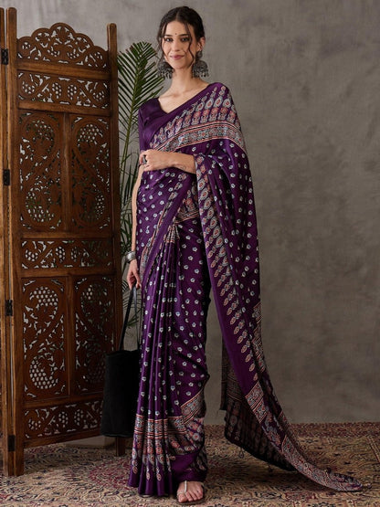 Semi Modal Purple Printed Saree | EZB GF02 LUX 1005 - EZBER