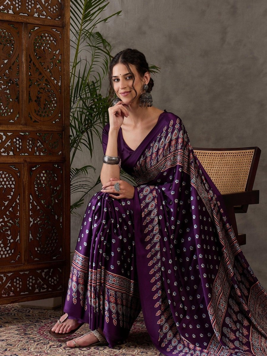 Semi Modal Purple Printed Saree | EZB GF02 LUX 1005 - EZBER
