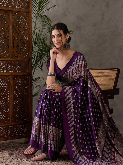 Semi Modal Purple Printed Saree | EZB GF02 LUX 1005 - EZBER