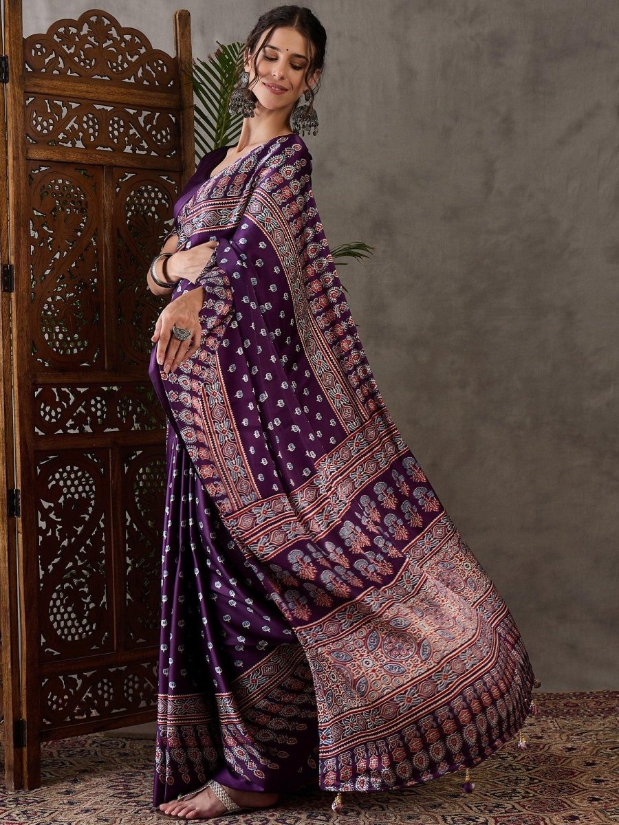 Semi Modal Purple Printed Saree | EZB GF02 LUX 1005 - EZBER