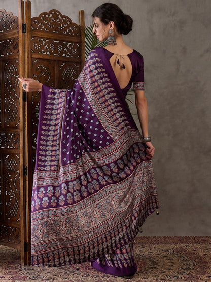 Semi Modal Purple Printed Saree | EZB GF02 LUX 1005 - EZBER