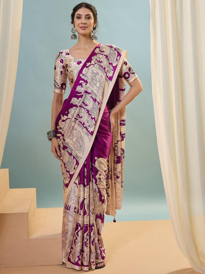 Semi Modal Purple Printed Saree | EZB GF02 RAGA V2 52002 - EZBER