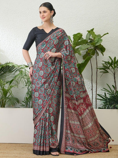 Semi Modal Red Printed Saree | EZB GF02 LUX 13004 - EZBER