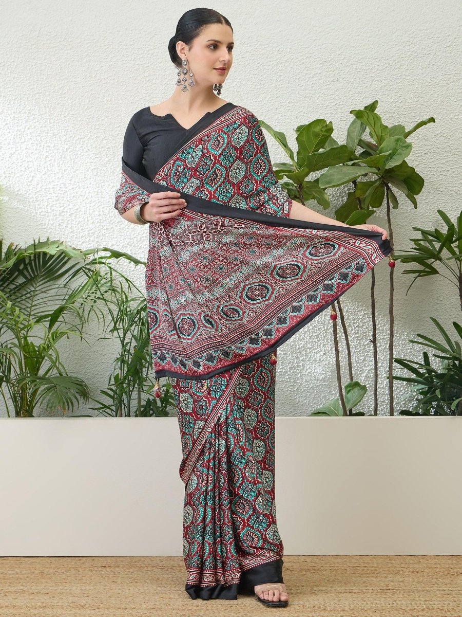 Semi Modal Red Printed Saree | EZB GF02 LUX 13004 - EZBER