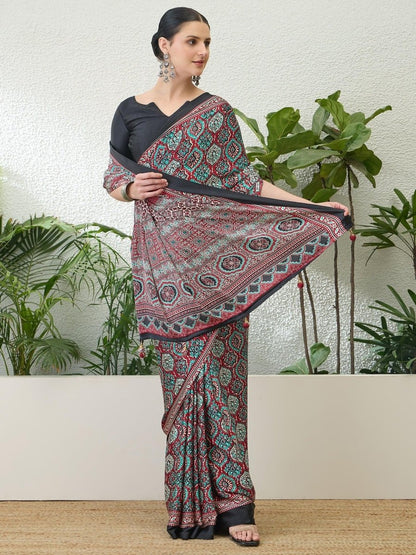 Semi Modal Red Printed Saree | EZB GF02 LUX 13004 - EZBER