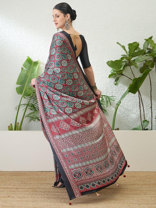 Semi Modal Red Printed Saree | EZB GF02 LUX 13004 - EZBER