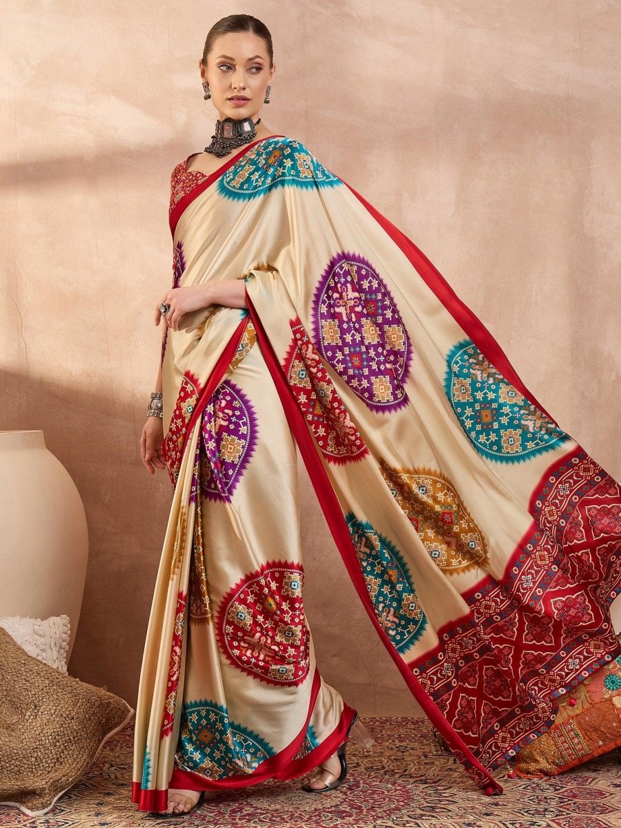 Semi Modal Red Printed Saree | EZB GF02 LUX 26006 - EZBER