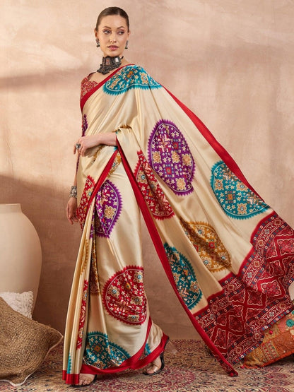Semi Modal Red Printed Saree | EZB GF02 LUX 26006 - EZBER