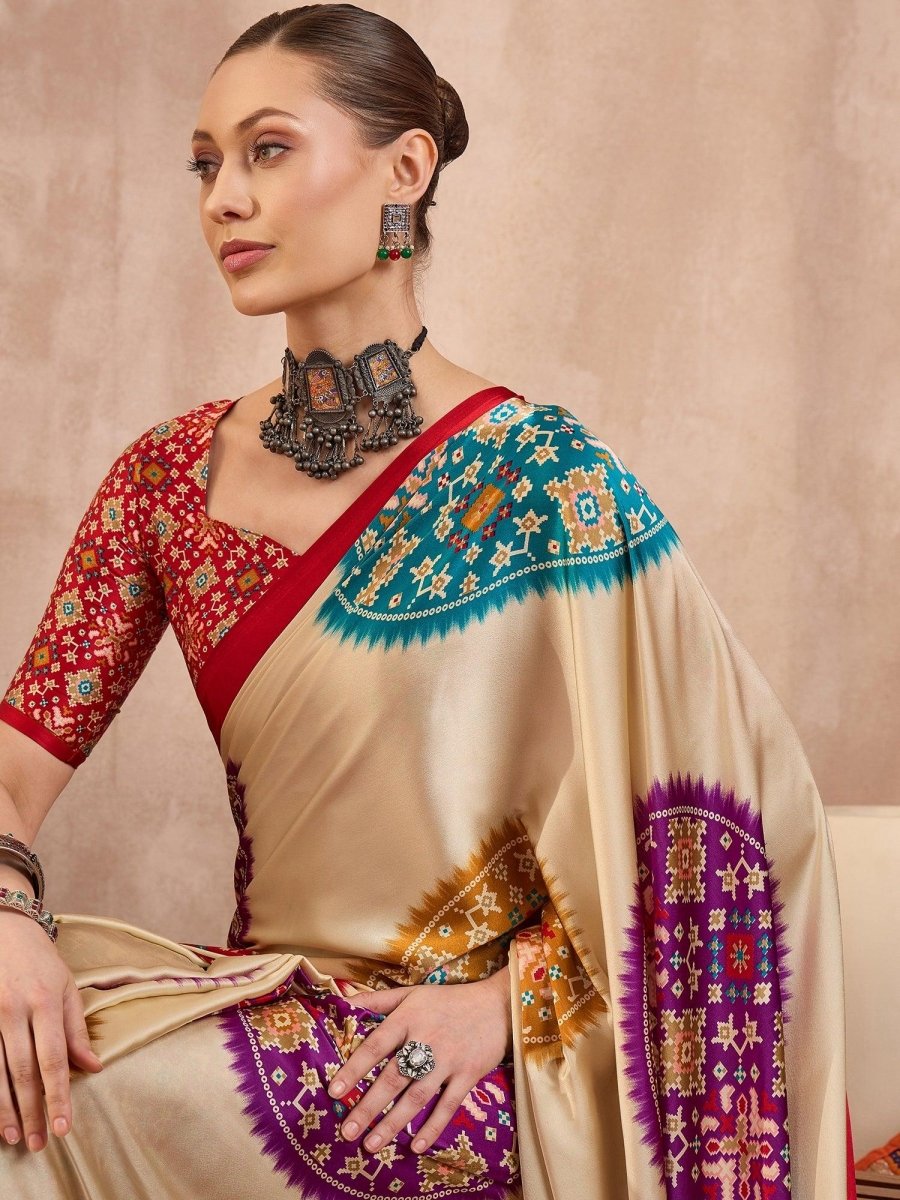 Semi Modal Red Printed Saree | EZB GF02 LUX 26006 - EZBER