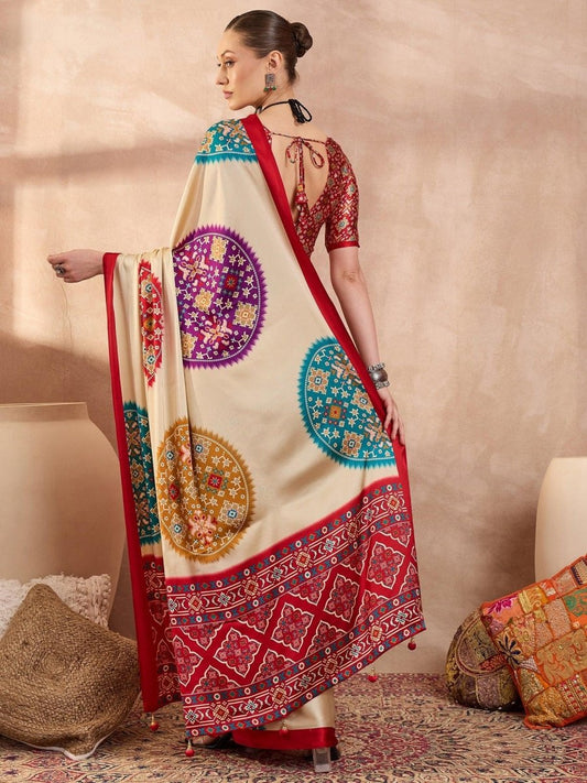 Semi Modal Red Printed Saree | EZB GF02 LUX 26006 - EZBER