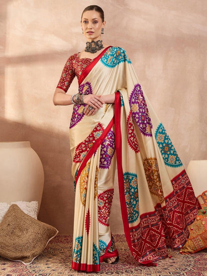 Semi Modal Red Printed Saree | EZB GF02 LUX 26006 - EZBER