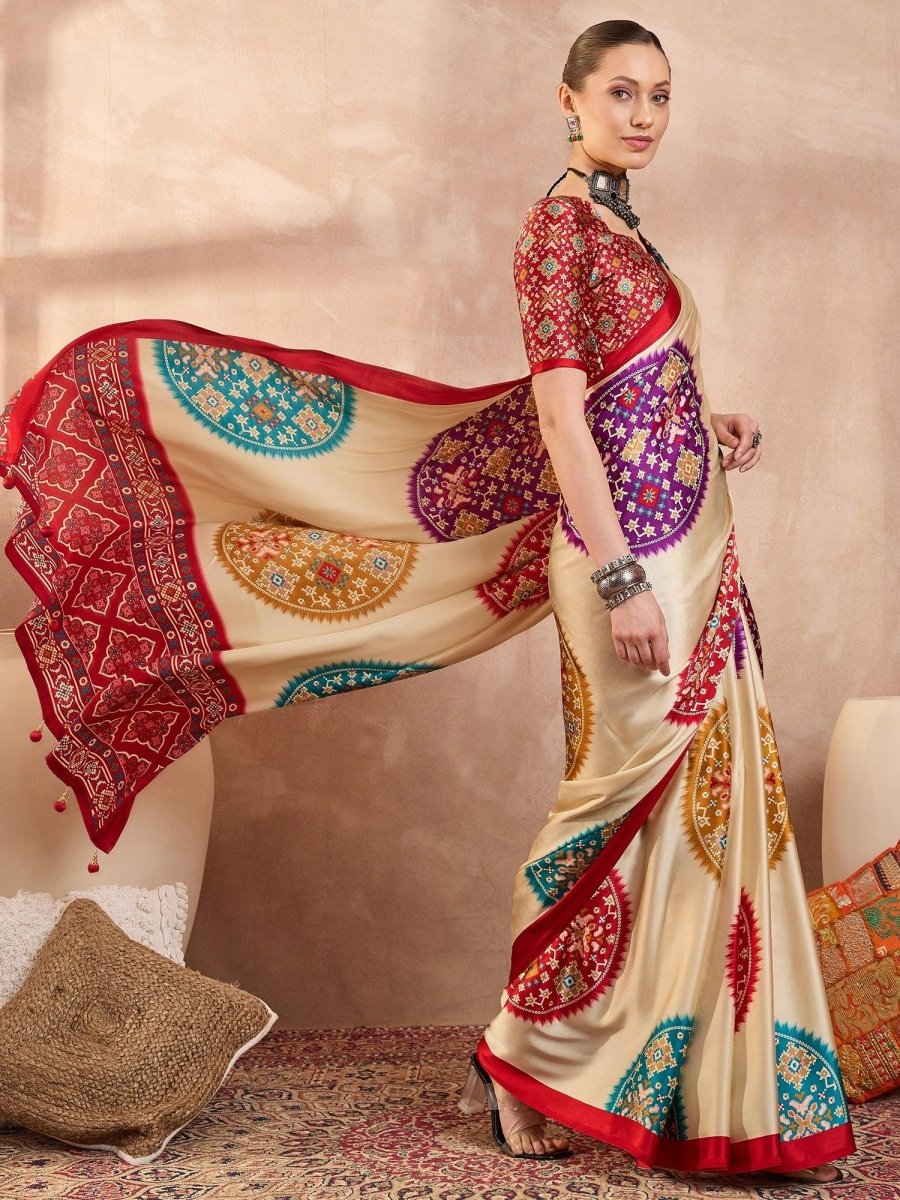 Semi Modal Red Printed Saree | EZB GF02 LUX 26006 - EZBER