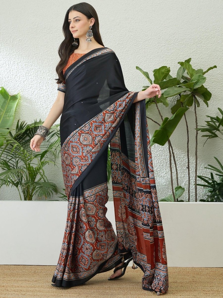 Semi Modal Rust Printed Saree | EZB GF02 LUX 10005 - EZBER